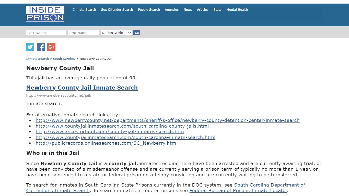 Newberry County Jail - South Carolina - Inmate Search